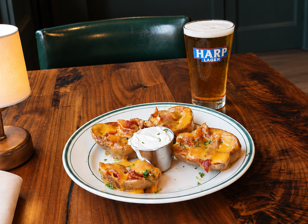 Loaded potato skins with sour cream and a Harp lager