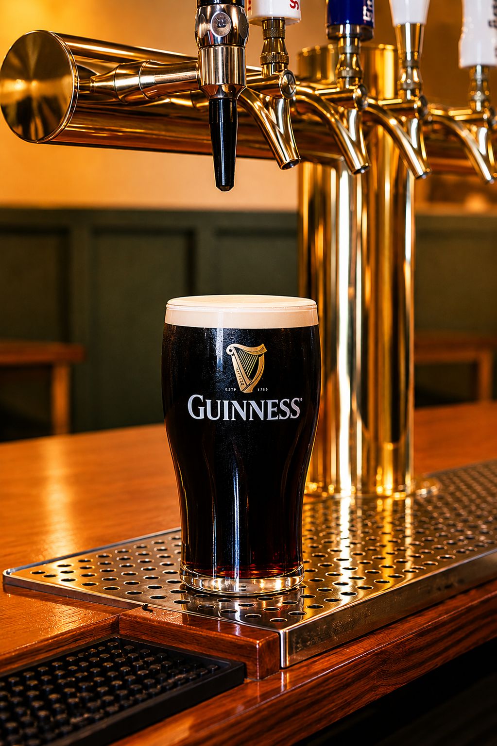 A freshly poured pint of Guinness on the bar at The Red Stag