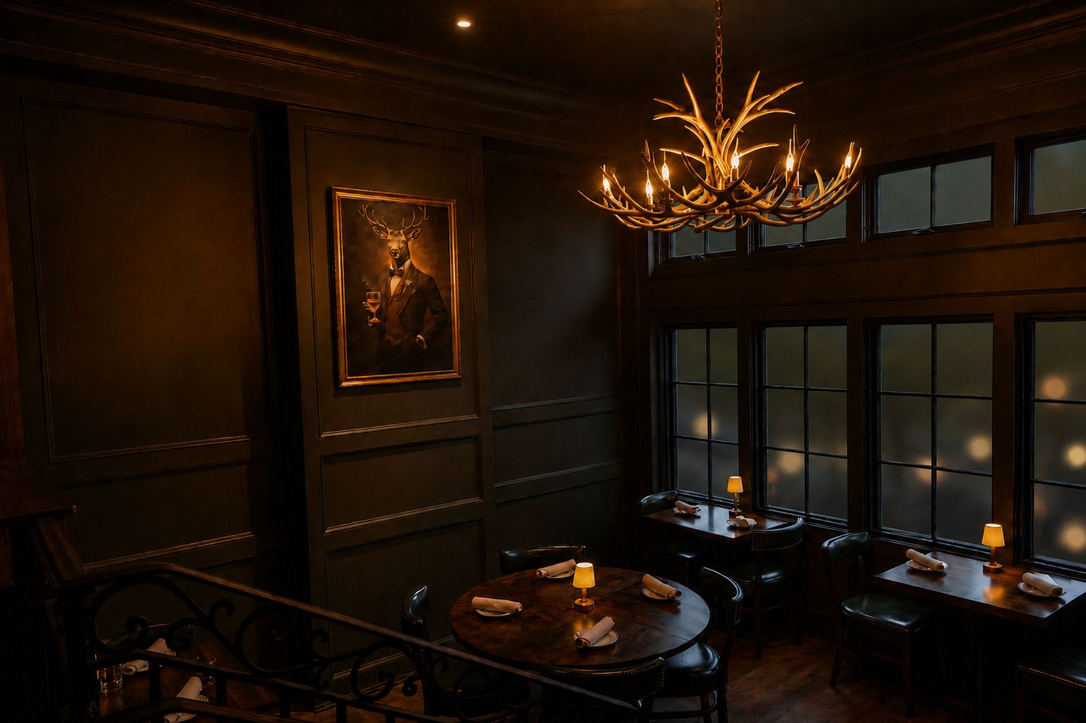 Dining room at The Red Stag with stag portrait, antler chandelier and warm window light